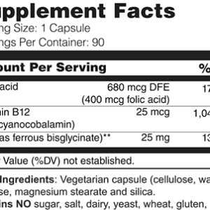 Iron 25 mg with B12 and Folate (90 Capsules)